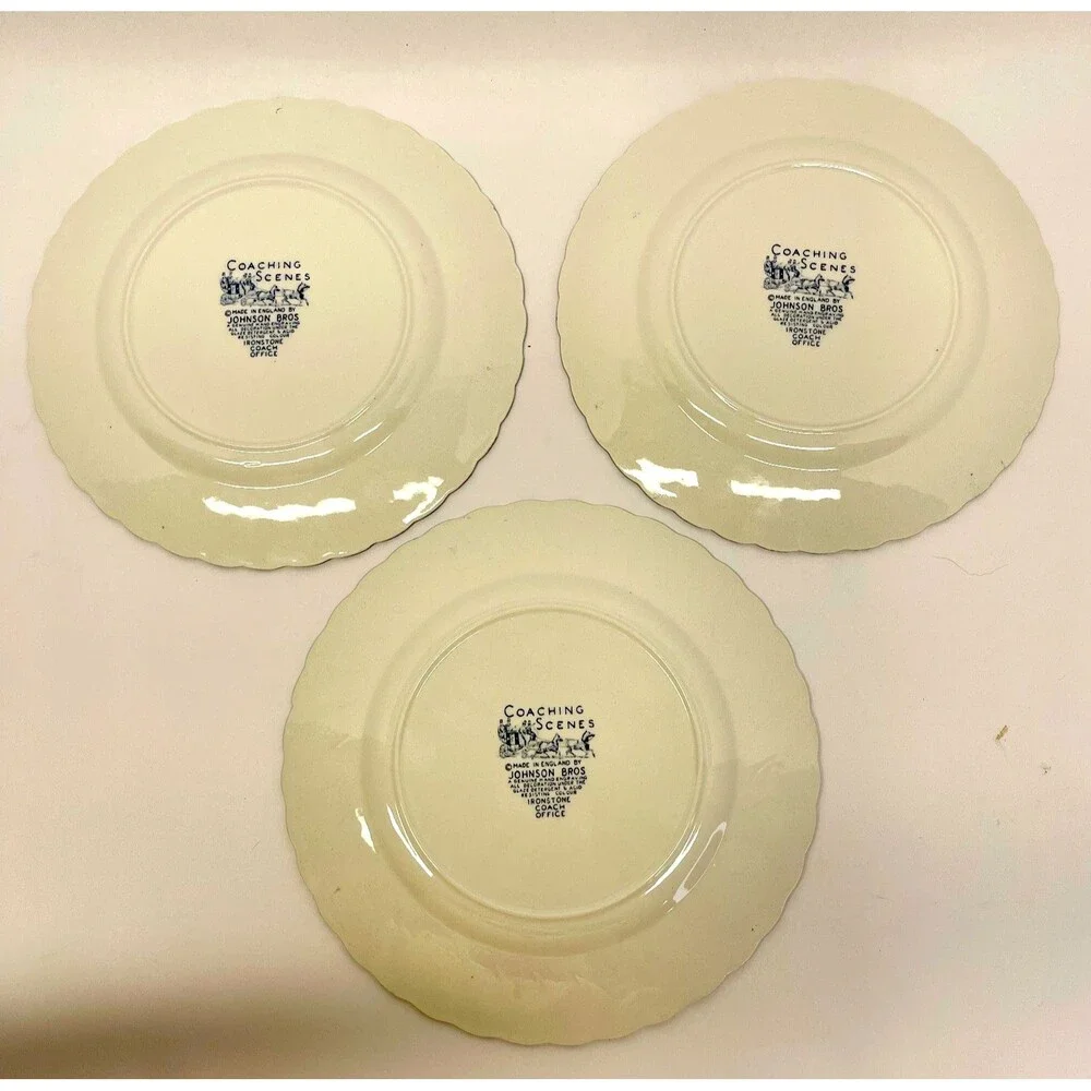 Johnson Brothers Blue & White Coaching Scenes Coach Office Set (3) Lunch Plates